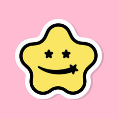 vector illustration of a smile golden star label on pink background. funny, sweet cute character style. sticker, label, card, banner etc.