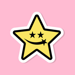 vector illustration of a smile golden star label on pink background. funny, sweet cute character style. sticker, label, card, banner etc.