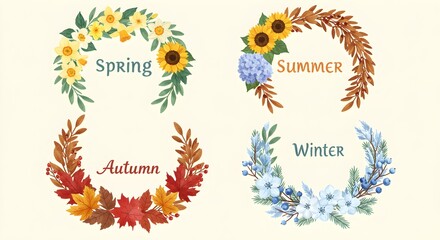 Four seasons wreaths collection showcases florals; for cards, web use, design, invitations, celebrations, marketing materials, greetings, posters, graphic design.