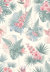 Tropical floral pattern with orchids and geometric shapes for textile designs
