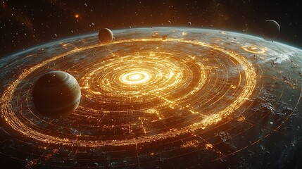 Scifi planetary megastructure glowing across space