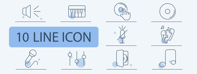 Music and sound set icon. Line icons show speaker, piano keys, turntable, disc, muted mic, earbuds with music, microphone, sliders, CD case, music note