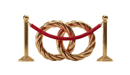 Gold-colored intertwined rings,  red ribbon barrier,  gold posts