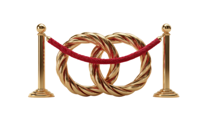 Gold-colored intertwined rings,  red ribbon barrier,  gold posts