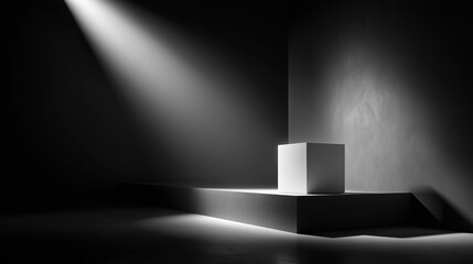 A minimalistic scene featuring a white cube on a dark platform. A beam of light illuminates the cube, creating a dramatic contrast with the surrounding shadows.