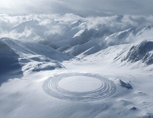 Snowy mountain landscape with circular tracks
