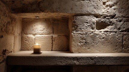 A lit candle on a stone shelf in a dimly lit room. The walls are made of rough, textured stone, creating a warm and inviting atmosphere.
