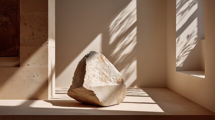 A large, irregular stone sits on a minimalist shelf in a well-lit room. Soft shadows cast by sunlight create a serene atmosphere.