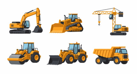 Collection of various construction vehicles, including excavators, bulldozers, and dump trucks, displayed in a flat design.