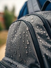A close-up of a waterproof backpack covered in water droplets, showcasing material resilience and functionality in wet conditions.