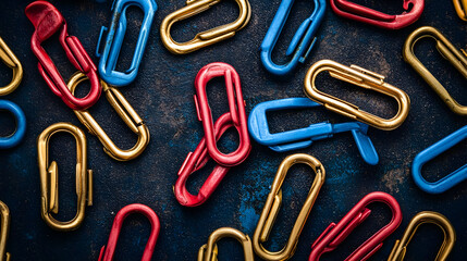 Assorted colorful paperclips scattered on a dark background.  A close-up view displays various shades of red, blue, and gold