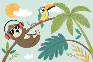 Illustration of a sloth wearing headphones and sunglasses hanging from a tree with a toucan nearby