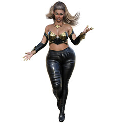 3D-rendered female fantasy character with a curvy figure in black leather pants and a gold-accented fantasy top, isolated on transparent background