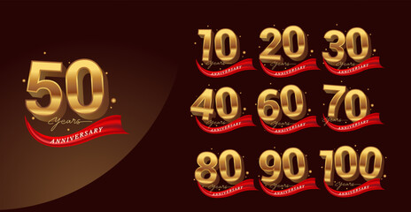 Set of anniversary logotype and red ribbon. Includes 10th to 100th years. Suitable for milestone events, branding, invitations, or posters. Editable vector design.