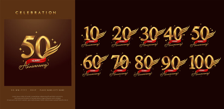 Elegant anniversary logo set featuring gold numbers with red ribbon and wing elements for 10 to 100 year celebrations. Perfect for corporate anniversaries, company milestones, event invitations.