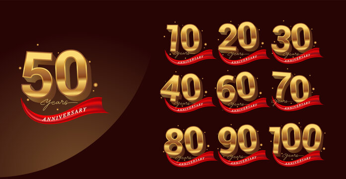 Set of anniversary logotype and red ribbon. Includes 10th to 100th years. Suitable for milestone events, branding, invitations, or posters. Editable vector design.