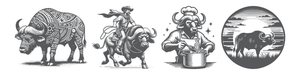 Fototapeta premium Vintage Hand-Drawn Buffalo with Sunset Collection Illustration, Majestic Wildlife Scene Engraved Style Vector for T-Shirts and Nature Themes Design