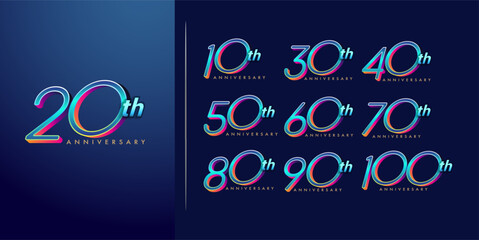 Sets of Neon 3D Anniversary logo set from 10th to 100th with colorful gradients. Perfect for events, branding, invitations, or posters. Editable vector design with modern, bold, and futuristic style.