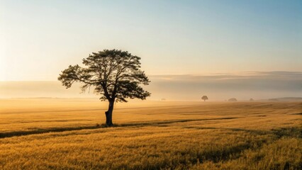 Fototapeta premium Serene Sunrise Over Golden Fields and Solitary Tree in Landscape