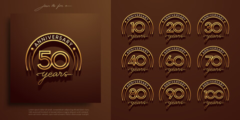 Sets of Elegant gold anniversary logo with classic retro badge style. Includes 10th to 100th years. Perfect for luxury invitations, company milestones, or celebration branding. Editable vector.
