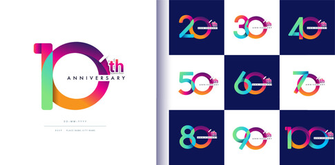 Modern and colorful anniversary logo set with vibrant gradient numbers and minimal text layout, for celebrating 10th to 100th anniversaries in corporate events, brands.