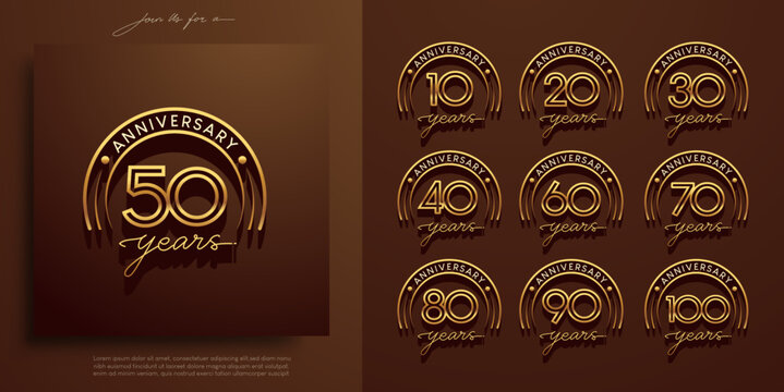 Sets of Elegant gold anniversary logo with classic retro badge style. Includes 10th to 100th years. Perfect for luxury invitations, company milestones, or celebration branding. Editable vector.