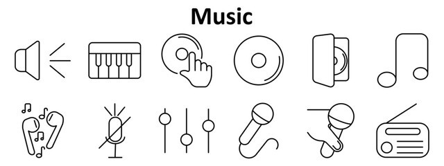 Music set icon. Includes speaker, piano keys, CD with hand, compact disc, CD in case, musical note, earphones with notes, muted microphone, sound sliders, two microphones, radio.