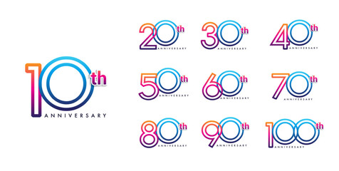 Sets of anniversary celebration logotype blue and red color from 10th to 100th. Modern, colorful, and clean design perfect for event branding, invitations, or social media. easy to customize.