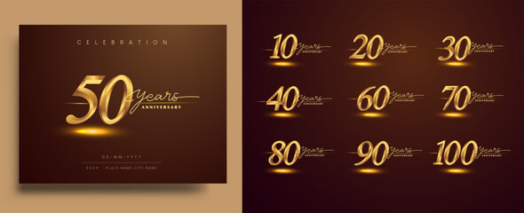 Set of anniversary logotype design with handwriting golden color includes 10th to 100th years for celebration event, wedding, greeting card, and invitation. Vector illustration.