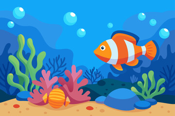 Fototapeta premium Cute clownfish swims in a colorful coral reef with bubbles