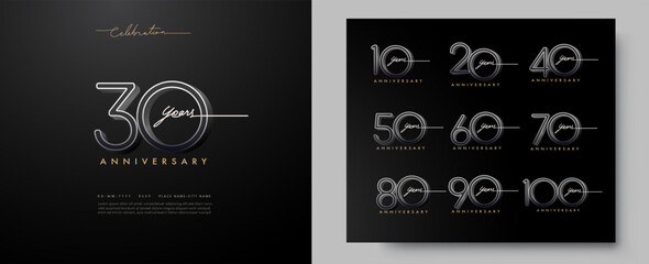 Minimalist anniversary logo set with elegant black and gold style. Includes 10th to 100th years celebration number. Perfect for event branding, invitations, or business milestones.