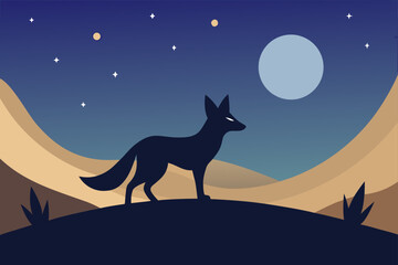 Silhouette of a fox standing on a hill under a starry night sky with a full moon