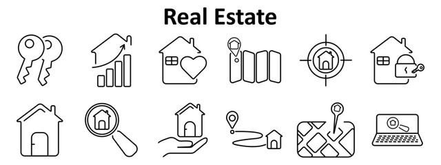 Real estate set icon. Includes house with key, growth arrow, heart, map pin, magnifier, laptop, navigation line, map tiles, open lock, hand holding home