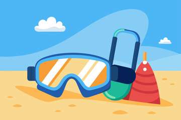Snorkel gear and colorful buoy on a sandy beach under a blue sky