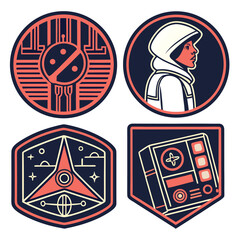 Collection of four stylized space themed patches featuring astronaut device and celestial elements design