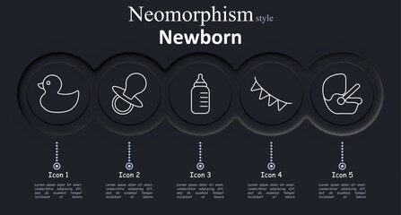 Newborn set icon. Rubber duck, pacifier, baby bottle, triangular banner, stroller in neomorphism style with dark soft circular interface