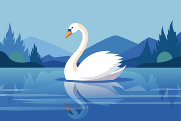 Obraz premium Elegant white swan gracefully swimming on a calm blue lake with mountains and trees in the background