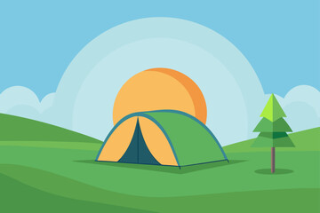 Green and orange tent pitched in a grassy field with a tree and sun