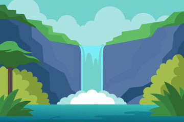 Serene waterfall landscape with lush greenery and blue sky