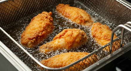 Crispy fried chicken wings cooking in hot oil in a deep fryer