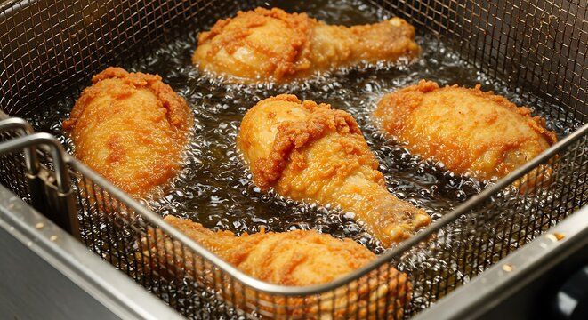 Crispy fried chicken cooking in a deep fryer with hot bubbling oil