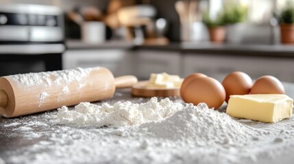 Flour, butter, and eggs on a kitchen counter (1)