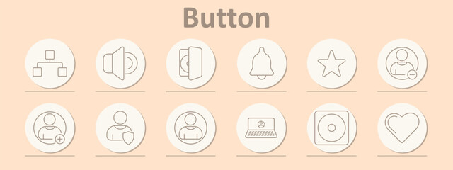 Button set icon. User profile, volume icon, disc tray, bell, star, add user, remove user, shield, hierarchy, laptop login, heart icon, favorite symbols