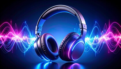 Over-ear headphones with neon light accents, set against a backdrop of vibrant sound wave visuals