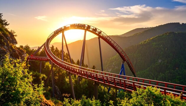 Rollercoaster at sunset, arching over lush green hills
