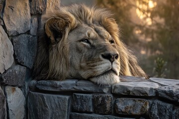 Naklejka premium Stately lion lounging on stone at golden sunset 
