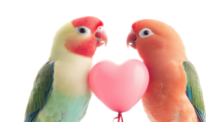 • A pair of Valentine's Day lovebirds with heart-shaped balloons, isolated on white background in HD 