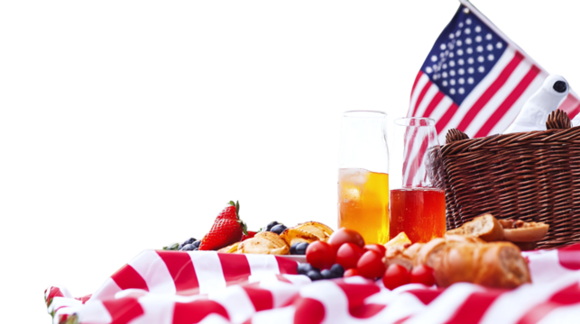 • A patriotic Fourth of July picnic with an American flag, isolated on white background in HD 