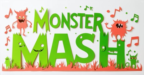 Bright green lettering spells Monster Mash. Cute monsters, musical notes, grass decorate white background. Festive, playful design.