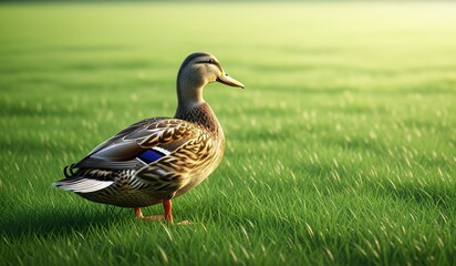 Fototapeta premium Graceful mallard duck standing in vibrant green grass enjoying a sunny afternoon light